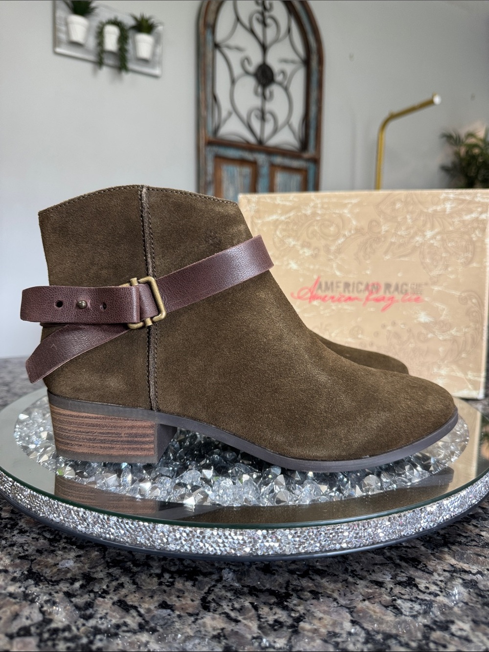 American Rag Olive Green Suede Ankle Boot with Brown Straps NEW 9